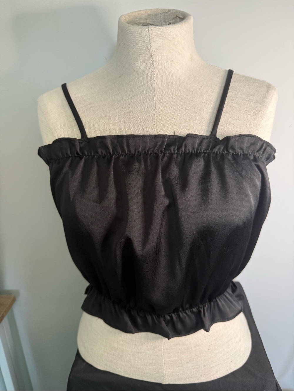 Free People Black Satin Ruffle-Trim Crop Camisole